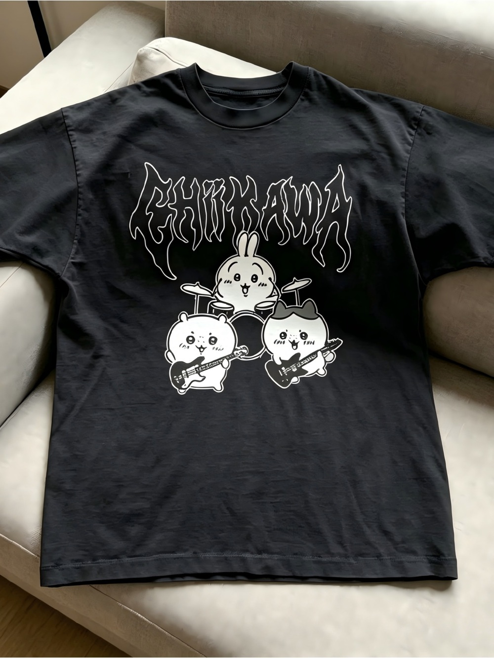 black graphic tee with cute cat and rabbit design Women Men T-shirt Unisex